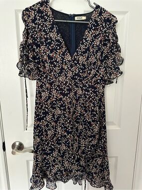 Navy Floral Mini Dress with Ruffle Short Sleeves